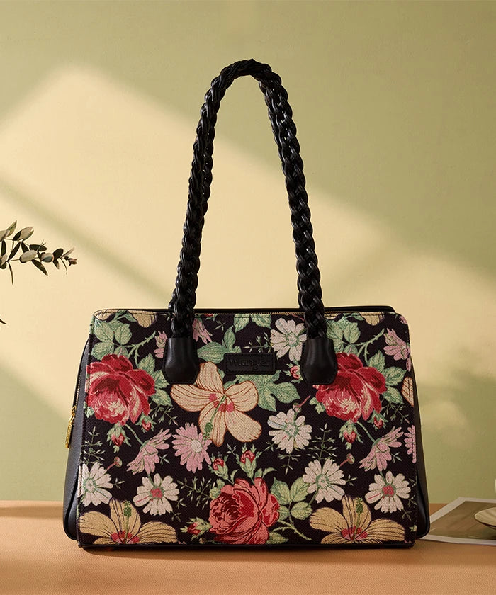 Wrangler Floral Print Braided Satchel Tote Bag in Black