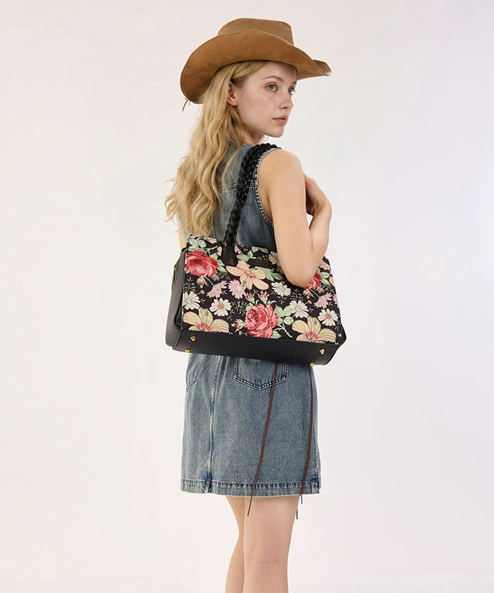 Wrangler Floral Print Braided Satchel Tote Bag in Black