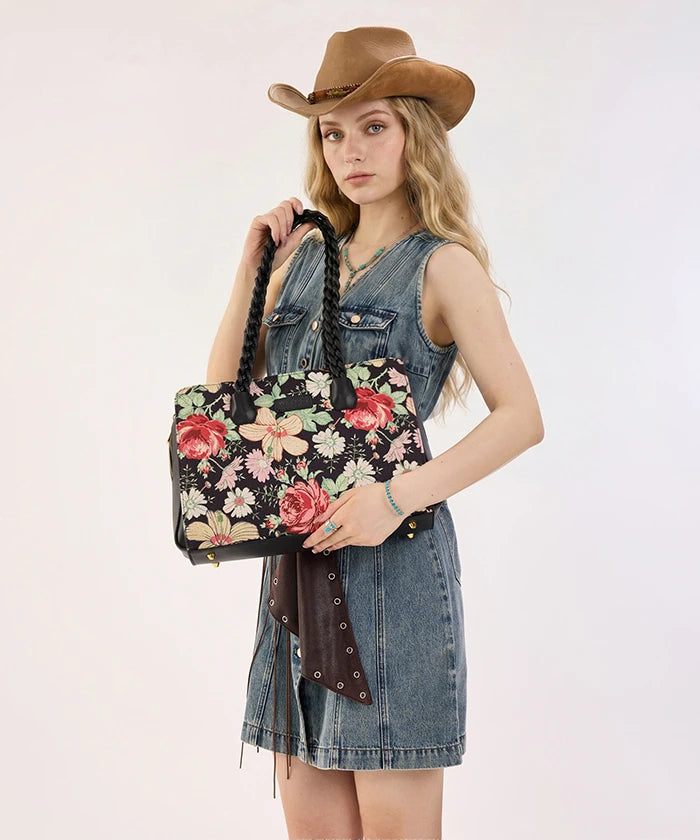 Wrangler Floral Print Braided Satchel Tote Bag in Black