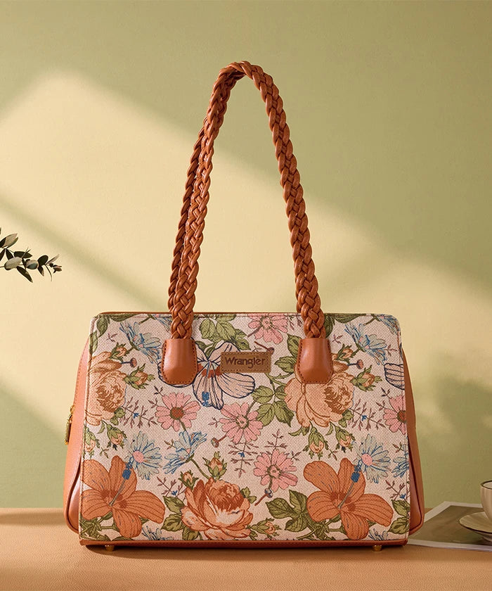 Wrangler Floral Print Braided Satchel Tote Bag in Brown