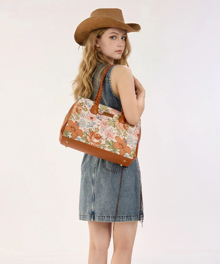 Wrangler Floral Print Braided Satchel Tote Bag in Brown