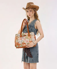 Wrangler Floral Print Braided Satchel Tote Bag in Brown