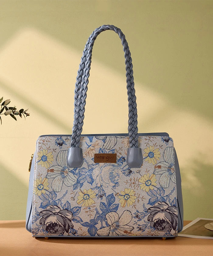 Wrangler Floral Print Braided Satchel Tote Bag in Black