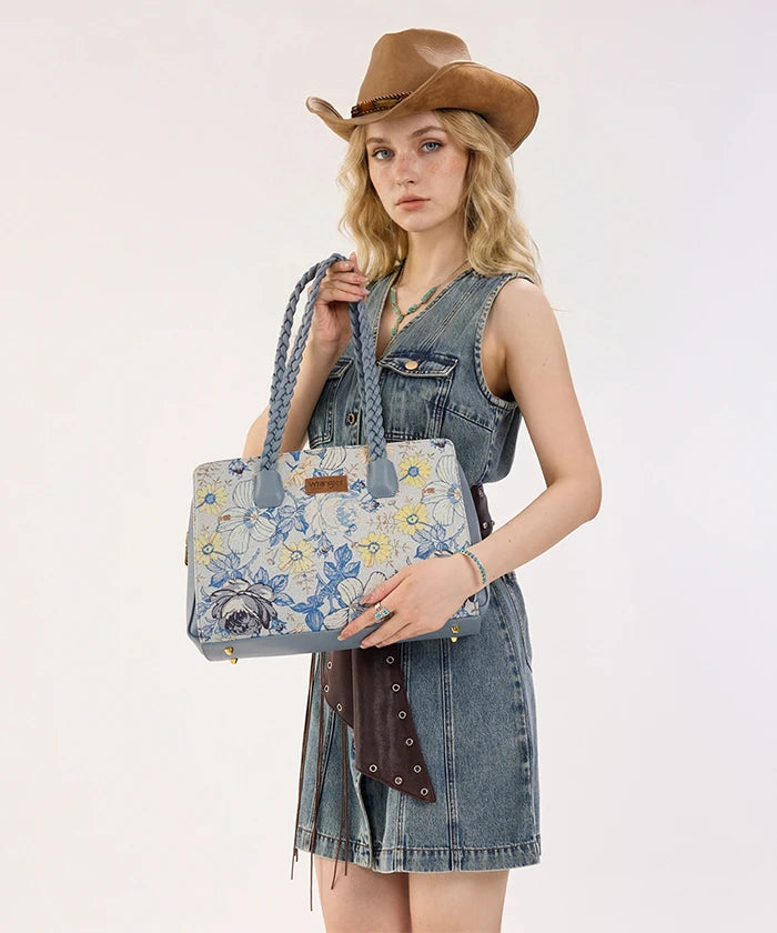 Wrangler Floral Print Braided Satchel Tote Bag in Black