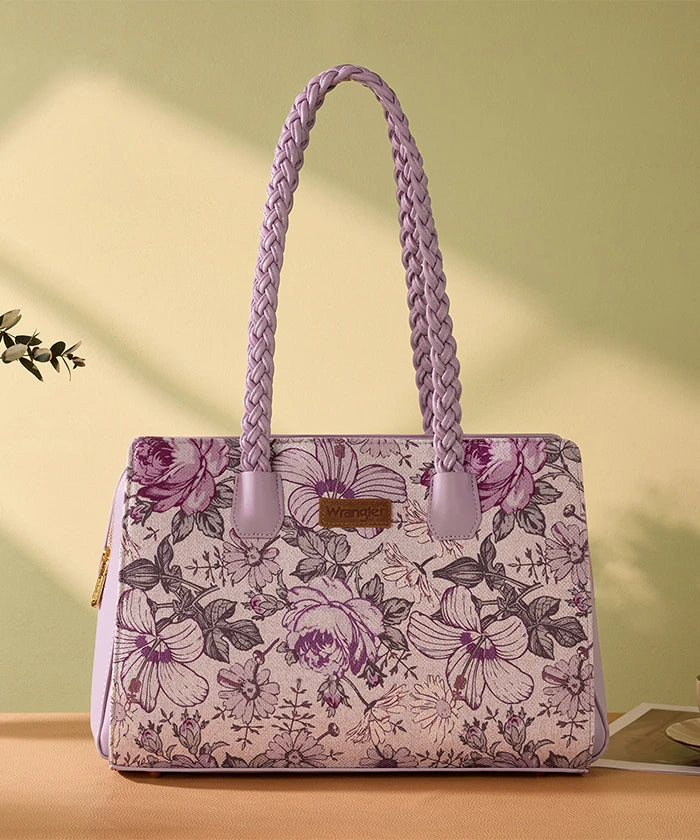 Wrangler Floral Print Braided Satchel Tote Bag in Light Pink/Purple