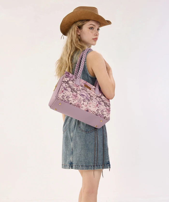 Wrangler Floral Print Braided Satchel Tote Bag in Light Pink/Purple