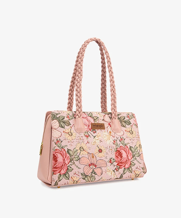 Wrangler Floral Print Braided Satchel Tote Bag in Pink