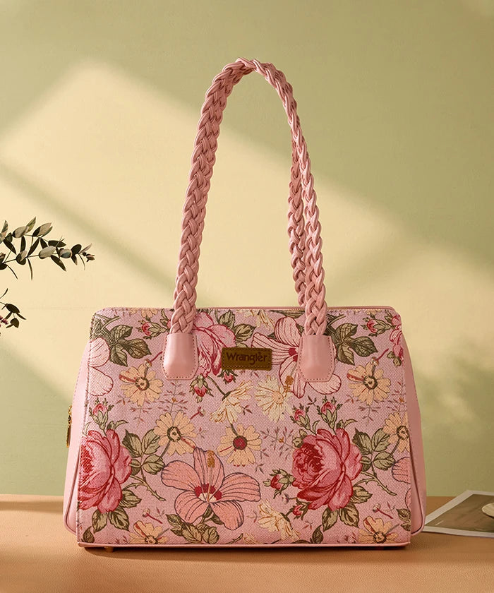 Wrangler Floral Print Braided Satchel Tote Bag in Pink