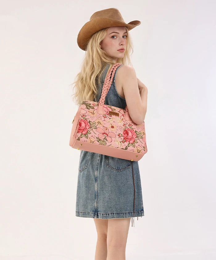 Wrangler Floral Print Braided Satchel Tote Bag in Pink