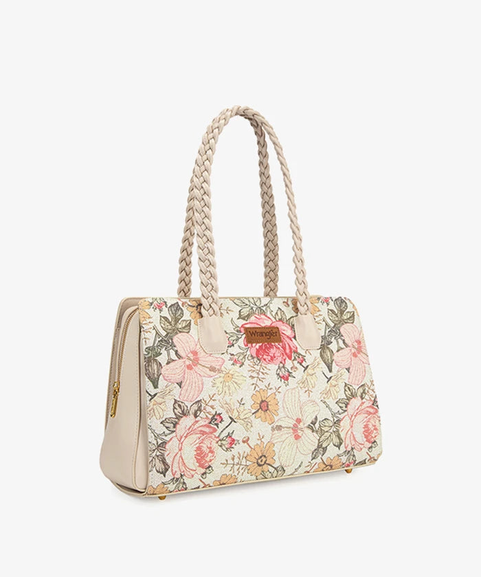 Wrangler Floral Print Braided Satchel Tote Bag in Tan