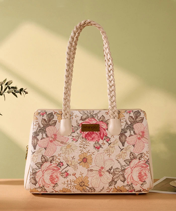 Wrangler Floral Print Braided Satchel Tote Bag in Tan