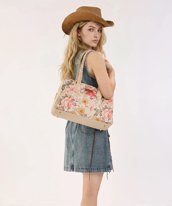 Wrangler Floral Print Braided Satchel Tote Bag in Tan