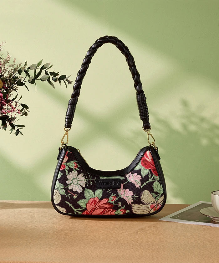 Wrangler Floral Print Braided Hobo Bag in Black