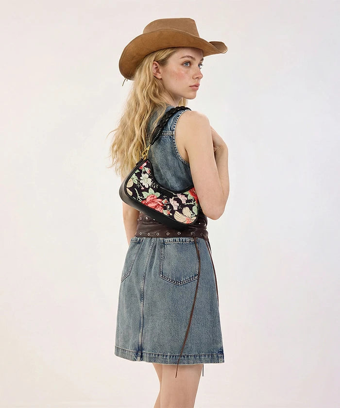 Wrangler Floral Print Braided Hobo Bag in Black