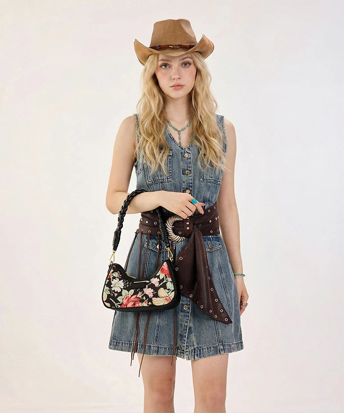 Wrangler Floral Print Braided Hobo Bag in Black