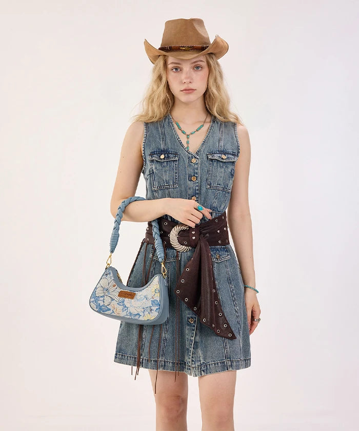 Wrangler Floral Print Braided Hobo Bag in Jean