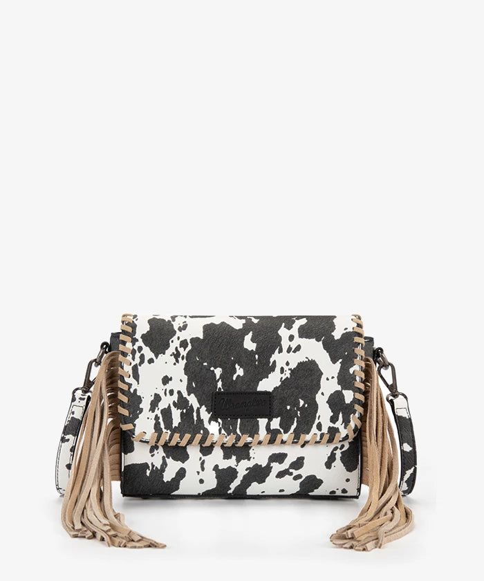 Wrangler cow print flap crossbody bag in BK