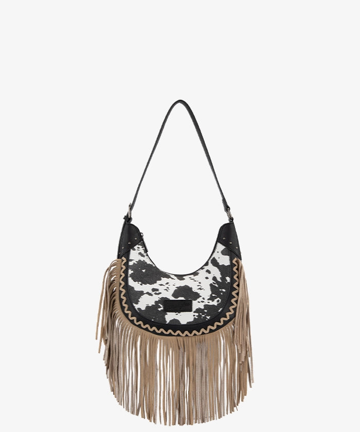 Wrangler Cow-Print Fringe Hobo Bag in BK