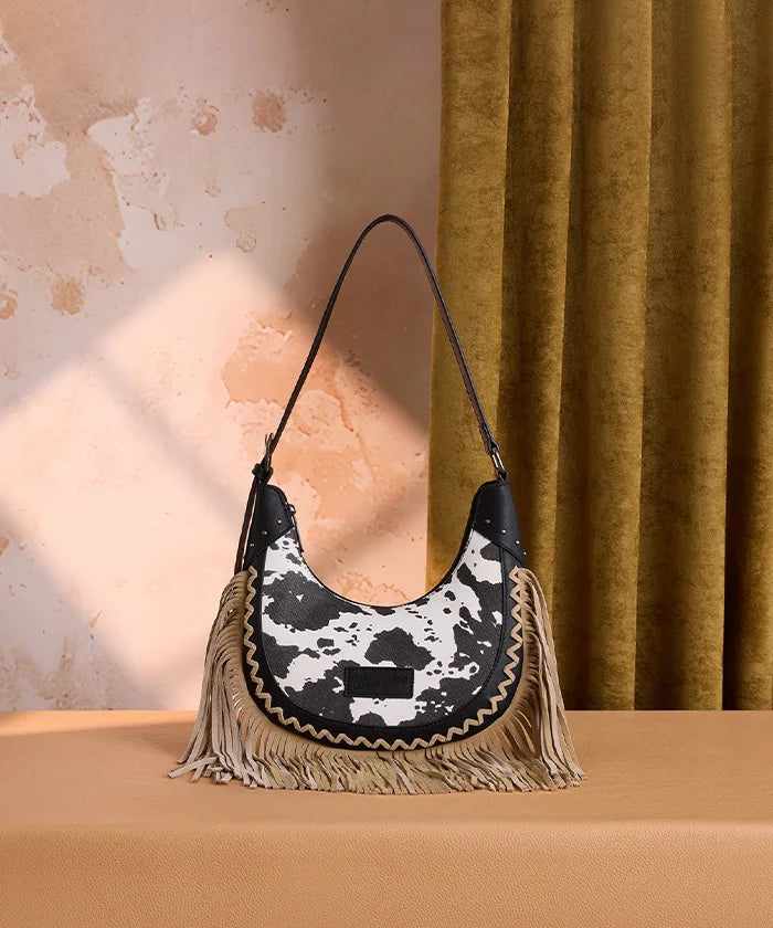 Wrangler Cow-Print Fringe Hobo Bag in BK