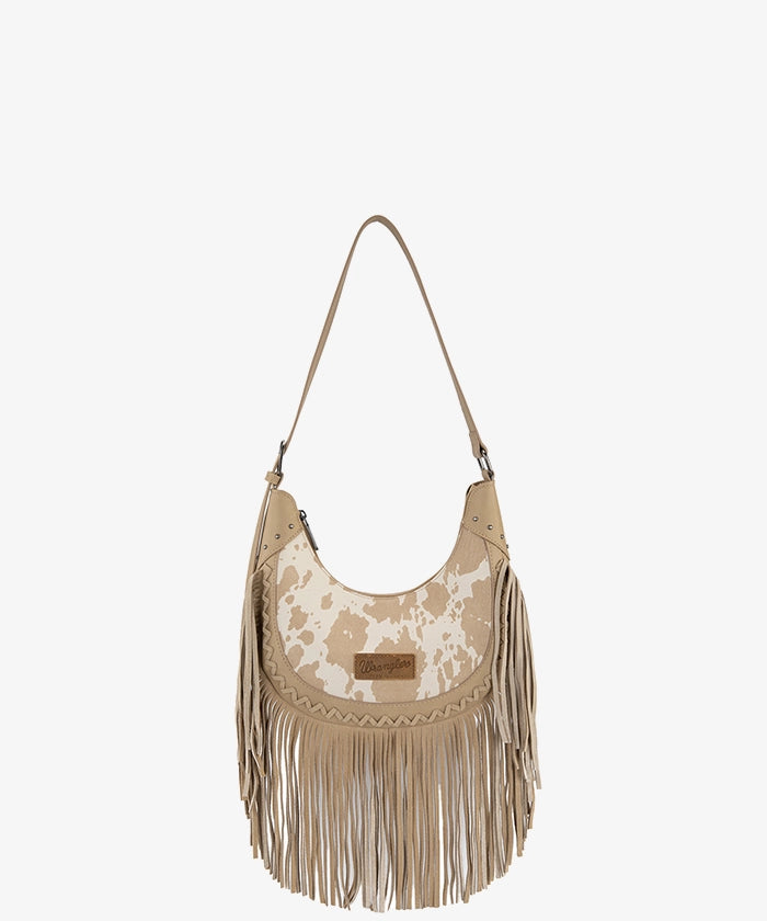 Wrangler Cow-Print Fringe Hobo Bag in TN