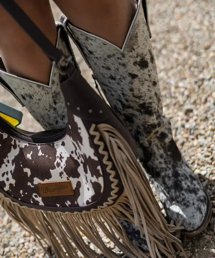 Wrangler Cow-Print Fringe Hobo Bag in CF
