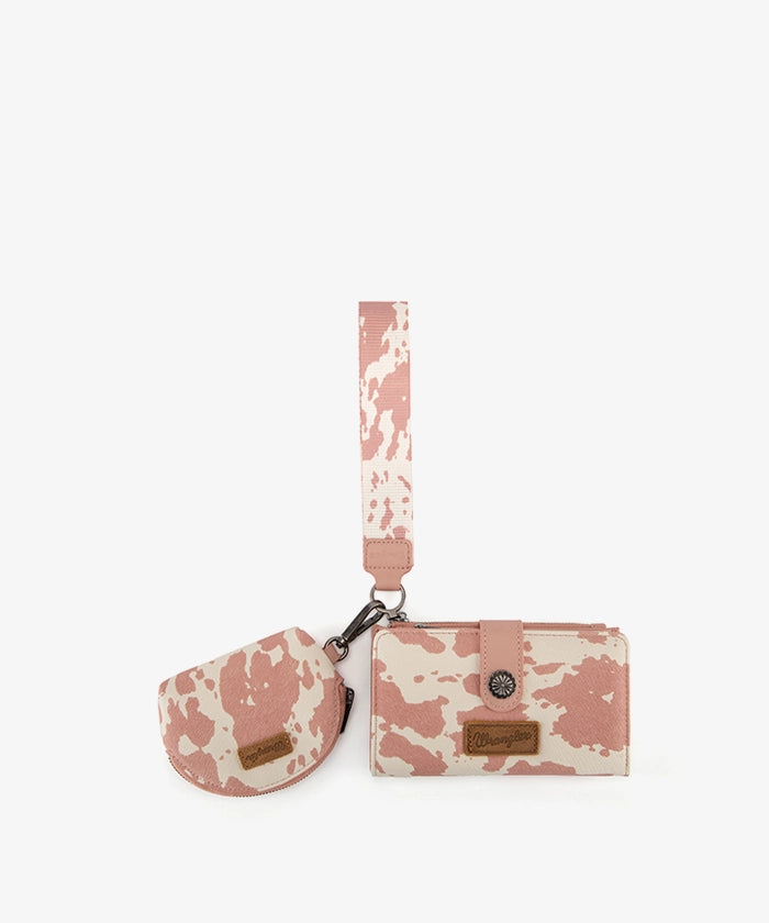 Wrangler cow-print dual pouch wristlet in DPK
