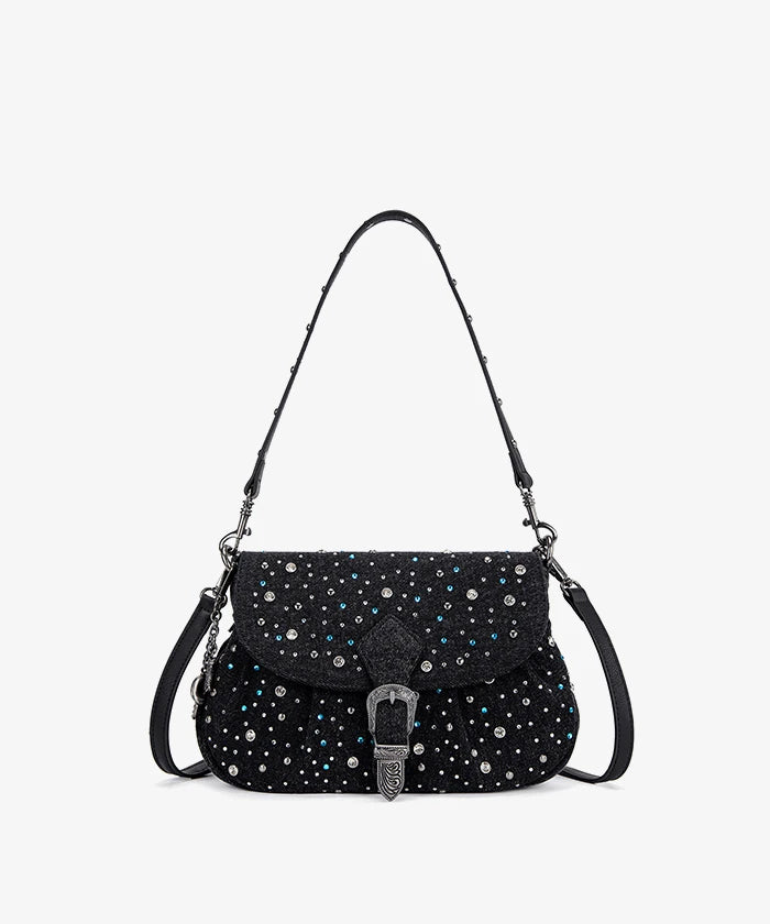 Montana West Crystal-Studded Canvas Saddle Bag