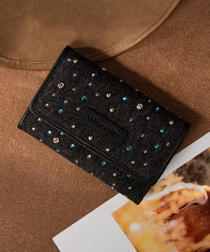 Wrangler Rhinestone Trifold Wallet in Black