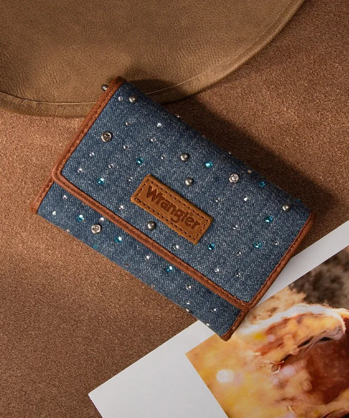 Wrangler Rhinestone Trifold Wallet in Dark Jeans