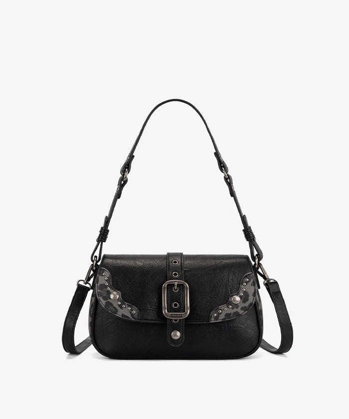 Wrangler Buckle Shoulder Bag
 in bk — Faux leather western bag with leopard trim
