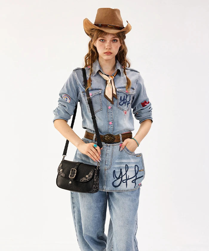 Wrangler Buckle Shoulder Bag
 in bk — Faux leather western bag with leopard trim