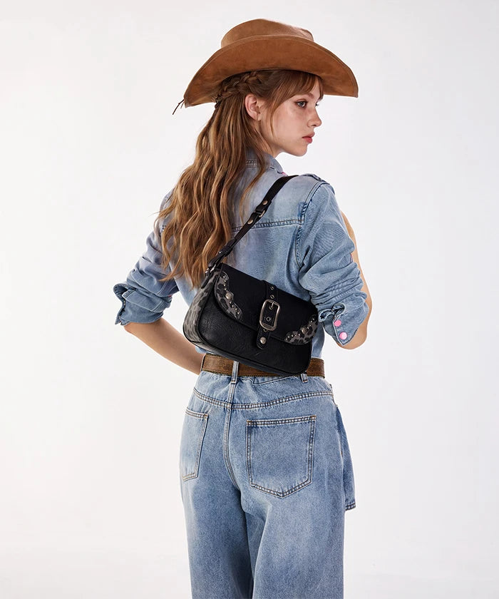 Wrangler Buckle Shoulder Bag
 in bk — Faux leather western bag with leopard trim