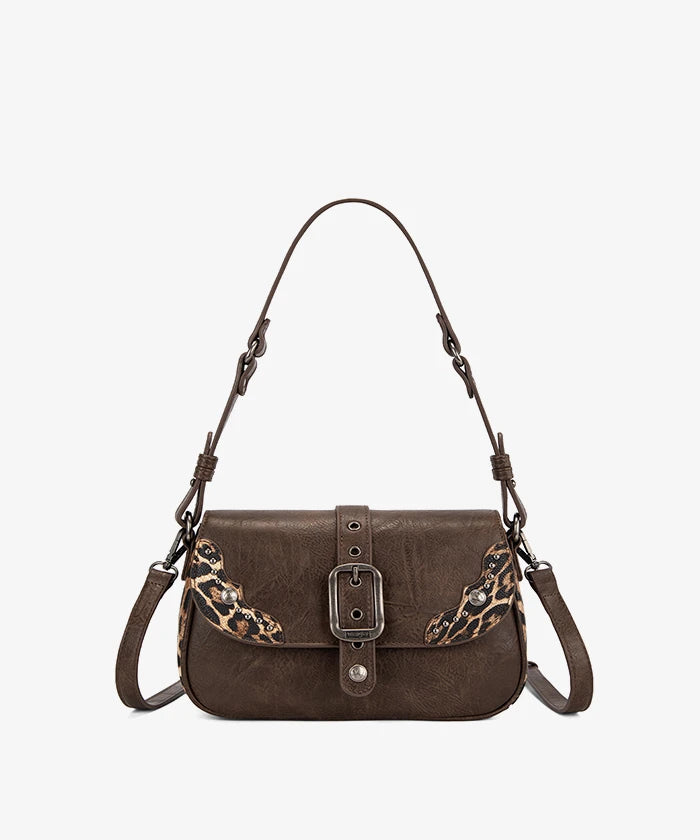 Wrangler Buckle Shoulder Bag in cf — Rustic brown shoulder bag with silver buckle