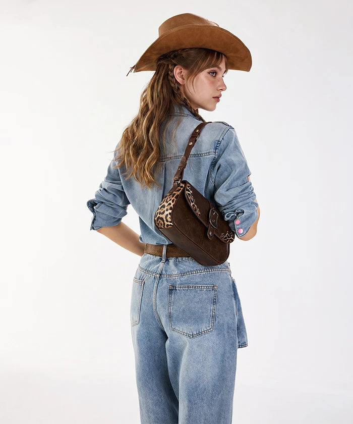 Wrangler Buckle Shoulder Bag in cf — Rustic brown shoulder bag with silver buckle