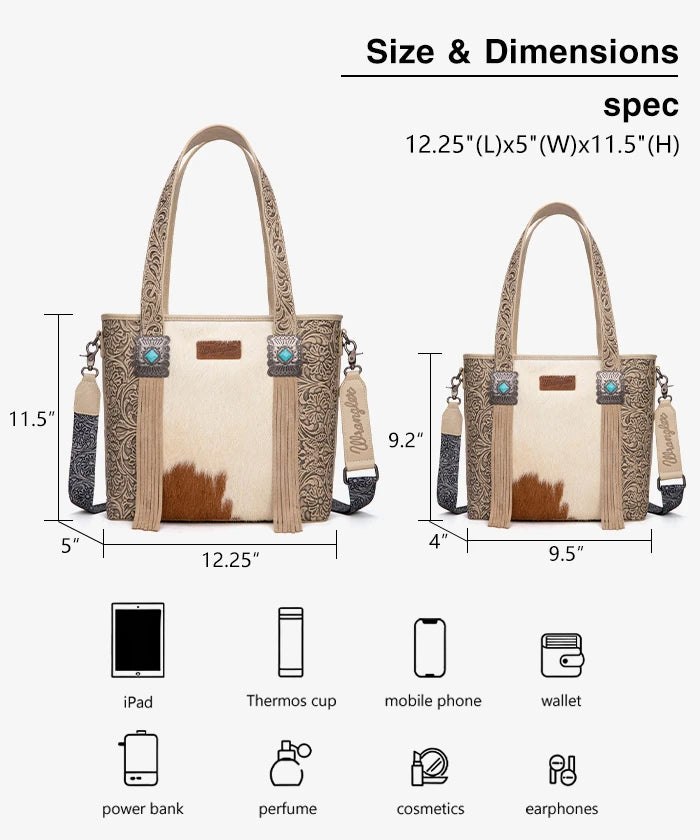 Wrangler Cowhide Fringe Concealed Carry Purse in Beige