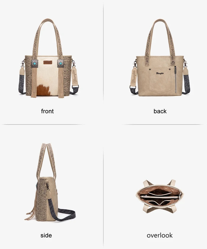 Wrangler Cowhide Fringe Concealed Carry Purse in Beige