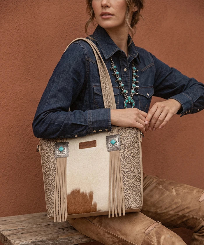 Wrangler Cowhide Fringe Concealed Carry Purse in Beige