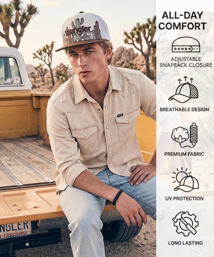Wrangler Flat Brim Trucker Hat in White