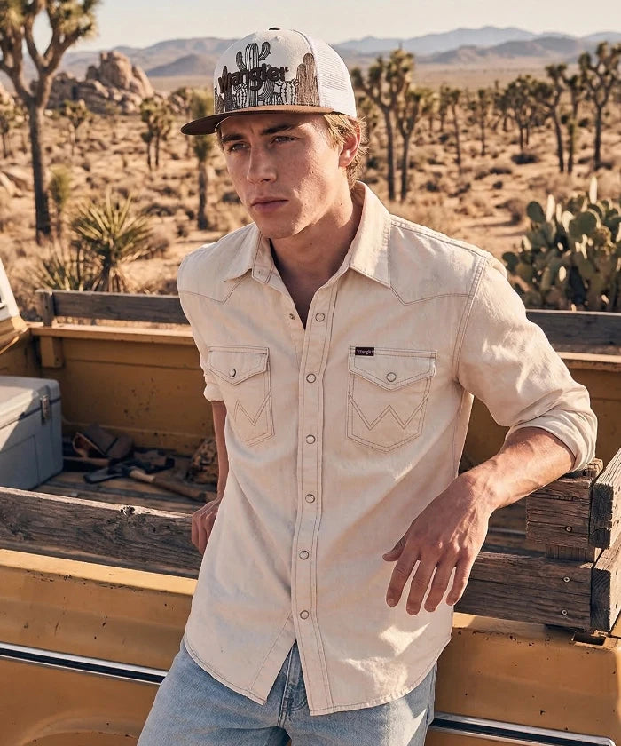 Wrangler Flat Brim Trucker Hat in White