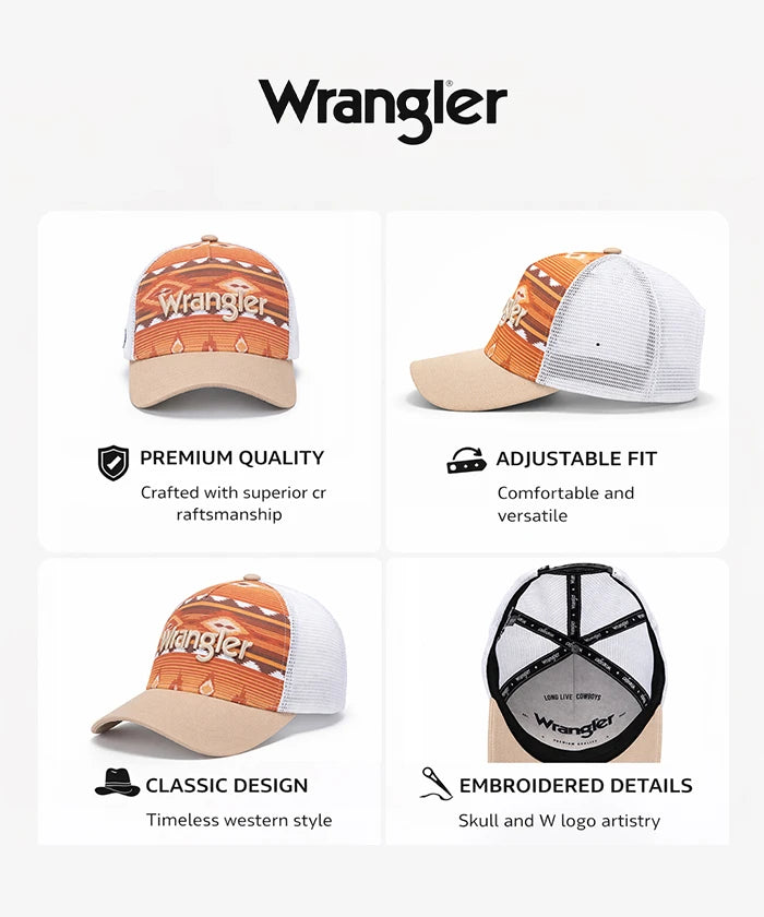 Wrangler Aztec Print Mesh Back Trucker Cap in TN-BK