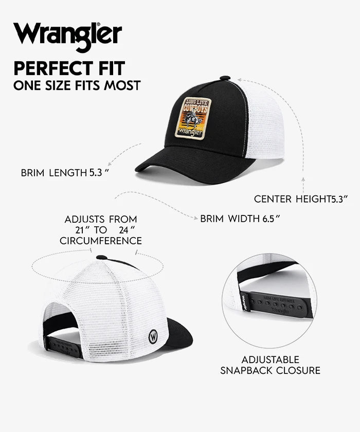 Wrangler Rodeo Long Live Cowboys Trucker Hat in Black
Wrangler Rodeo Long Live Cowboys Trucker Hat in White