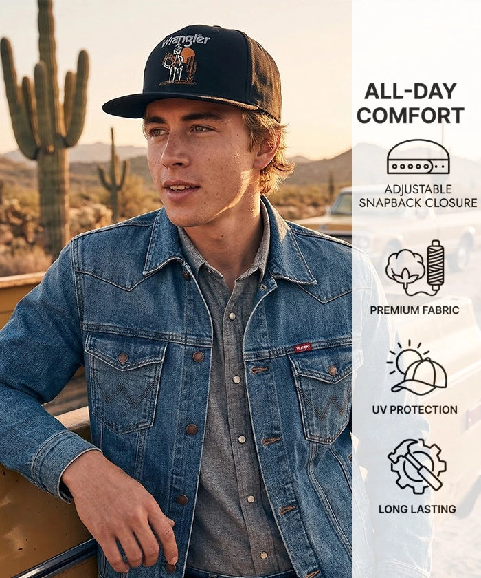 Wrangler Desert Sunset Cowboy Embroidery Hat in Black
Wrangler 3D Logo Snapback Hat in White