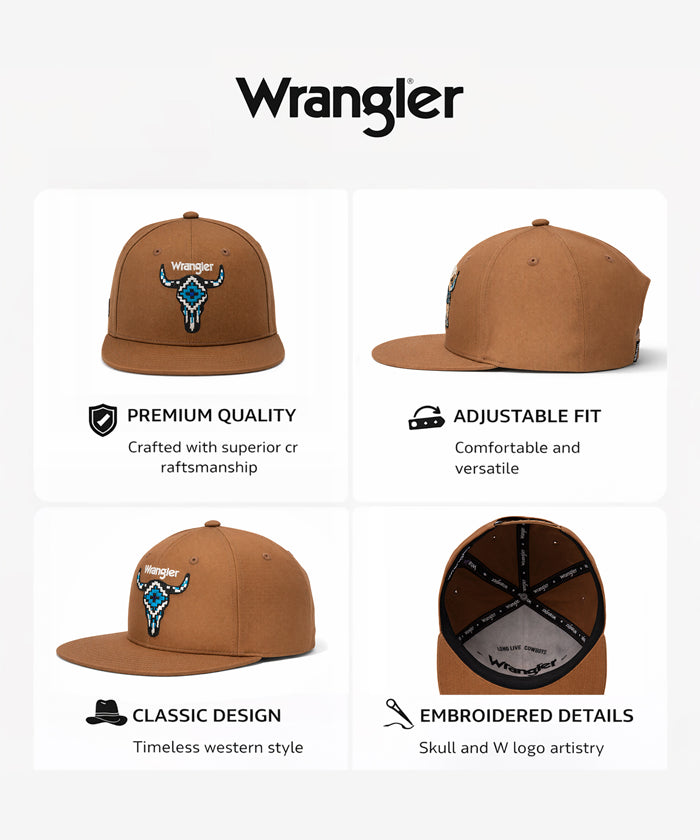 Wrangler Aztec Bull Skull Embroidery Snapback Hat in Brown
Wrangler 3D Script Logo Snapback Hat in Black