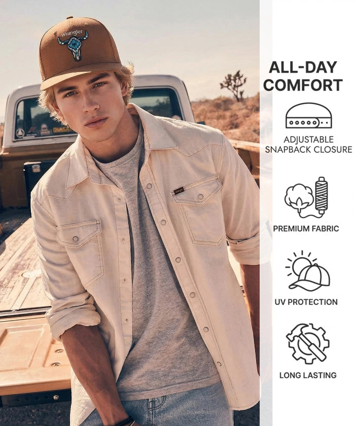 Wrangler Aztec Bull Skull Embroidery Snapback Hat in Brown
Wrangler 3D Script Logo Snapback Hat in Black