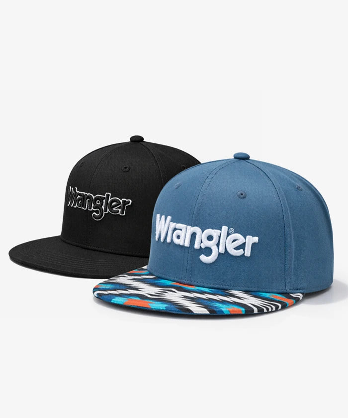 Wrangler Blue Snapback Hat with Aztec Print Flat Brim
Wrangler Classic Black Snapback Hat with Small Logo