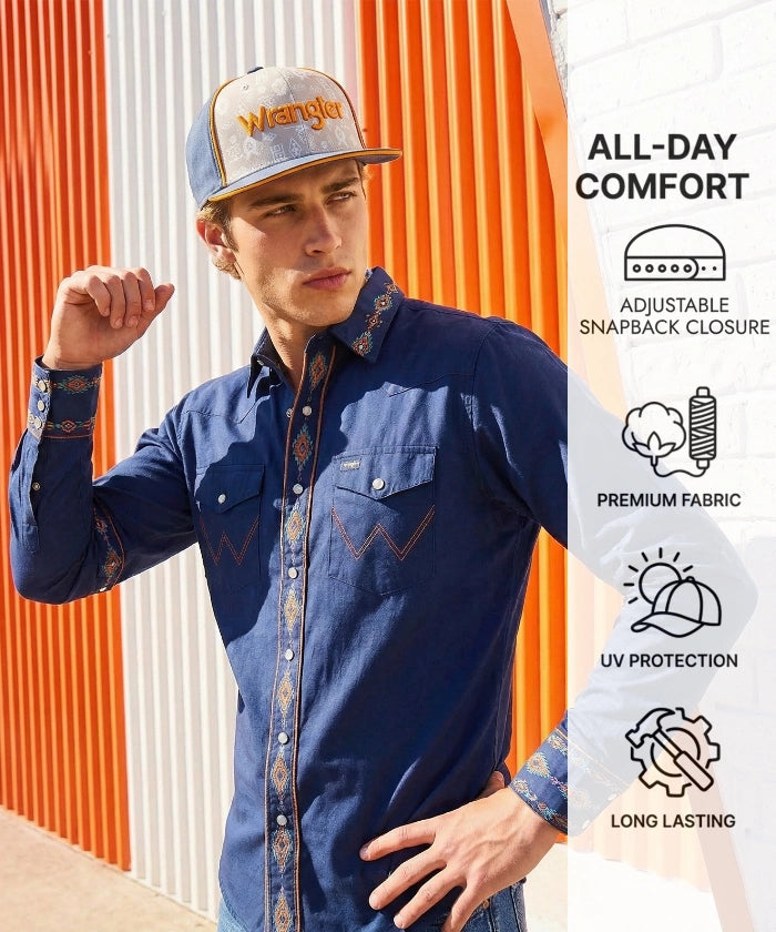 Wrangler Blue Snapback Hat with Aztec Pattern Front Panel
Wrangler Classic Black Snapback Hat with 3D Script Logo