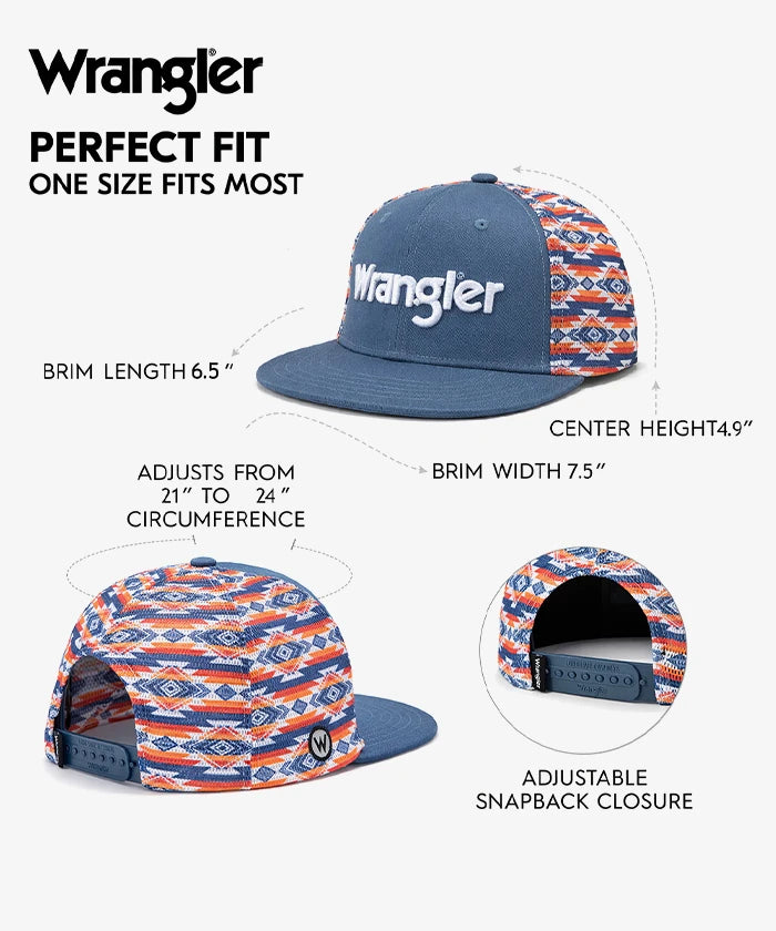 Wrangler Denim Blue Snapback Hat with Aztec Side Panels
Wrangler Classic Black Snapback Hat with Small Logo