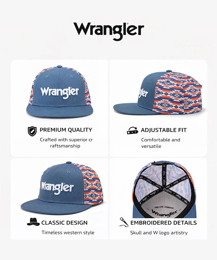 Wrangler Denim Blue Snapback Hat with Aztec Side Panels
Wrangler Classic Black Snapback Hat with Small Logo