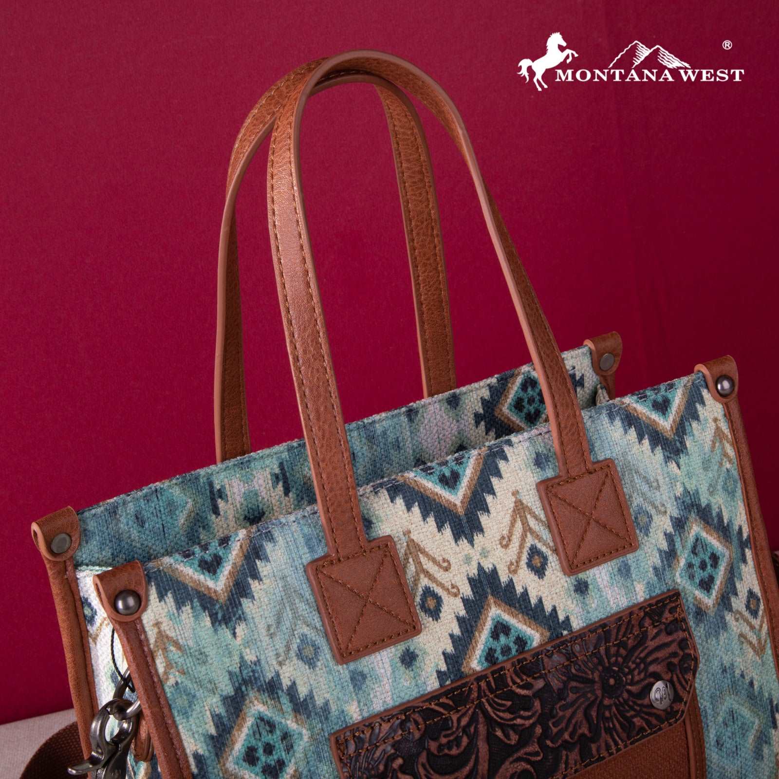 Montana West Allover Aztec Floral Tooled Crossbody Canvas Tote - Montana West World