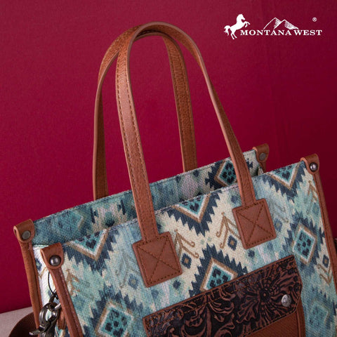 Montana West Allover Aztec Floral Tooled Crossbody Canvas Tote - Montana West World